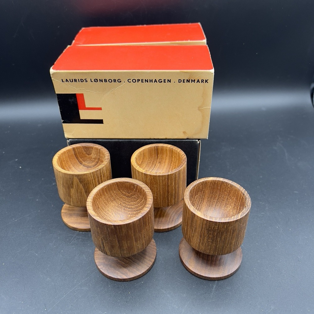 Laurids Lonborg Denmark Teak Egg‎ Cup Holders Wood Handle MCM ~ NEW ~ 2 Sets